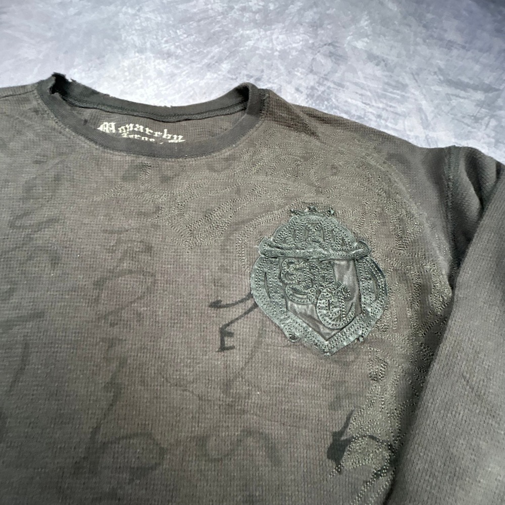 Monarchy Mens Large Thermal Long Sleeve Shirt Grunge Y2K Biker Applique Grey - Picture 3 of 8